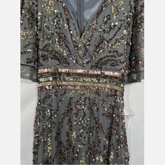 NWT $698 Mac Duggal [‎ 8 ] Cape Sleeve Embellished Gown in Charcoal Multi Gold - Picture 5 of 15